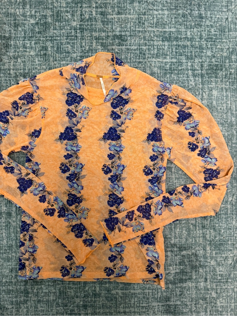 Free People Orange Long-Sleeve Top with Blue Floral Stripes